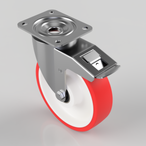 Swivel caster wheel with red polyurethane tire, white hub, and metal mounting plate with a brake lever.