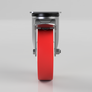 Front view of a red caster wheel with metal brake mechanism and supporting hardware