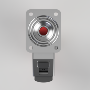 Metal control panel with a round red push button in a raised chrome ring; mounted on a square plate with four screw holes.