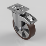 Swivel caster with a four-hole mounting plate and a brake lever on top, brown-wheel caster.