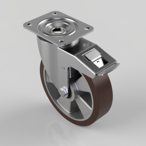 Swivel caster with a four-hole mounting plate and a brake lever on top, brown-wheel caster.
