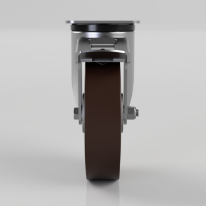 Caster wheel with brake mechanism on a gray metal fork, brown wheel and tightening bolts visible on both sides, side view.