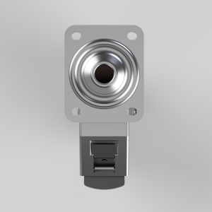 Industrial limit switch with a round metal actuator mounted on a square gray plate, and a rectangular connector housing below.