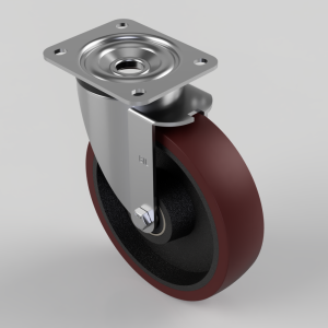 Swivel caster wheel with metal mounting plate and burgundy polyurethane wheel