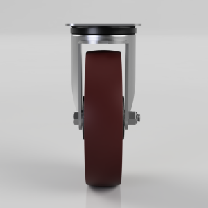 Front view of a red wheel caster with a metal frame and bolts on the sides used for heavy furniture or equipment.