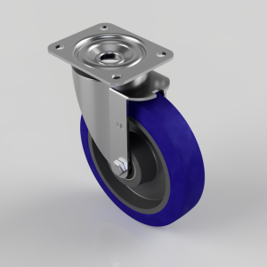 Blue Elastic Rubber 75ShoreA Plate Swivel Castor 200mm 400kg Load