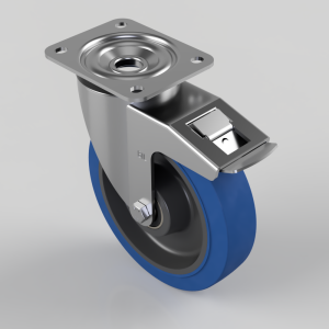 Blue Elastic Rubber 65ShoreA Plate Swivel Castor Brake 200mm 500kg Load