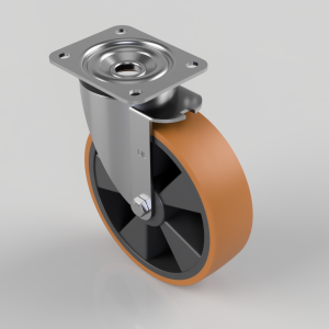 Swivel caster wheel with orange polyurethane wheel and a metal mounting plate for mounting on equipment or furniture.