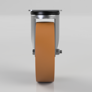 Front view of an orange polyurethane caster wheel with a silver metal frame and mounting bolts for swiveling furniture or equipment.