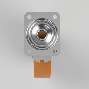 Metal circular diaphragm or sensor core mounted on a gray square flange with four corner holes and an orange flexible lead below.