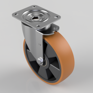 Swivel caster wheel with an orange polyurethane tire and a metal mounting plate.