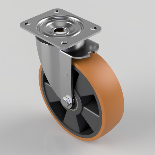 Swivel caster wheel with an orange polyurethane tire and a metal mounting plate.