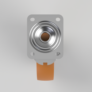 Circular metallic audio transducer mounted on a gray square plate with four screw holes and an orange cable.