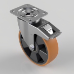 Swivel caster with orange polyurethane wheel and metal mounting plate with a foot brake.