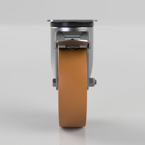 Front view of a handheld belt sander with a brown sanding belt visible in the feed area.