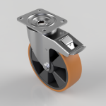 Swivel caster wheel with orange polyurethane tire and metal mounting plate with brake lever.