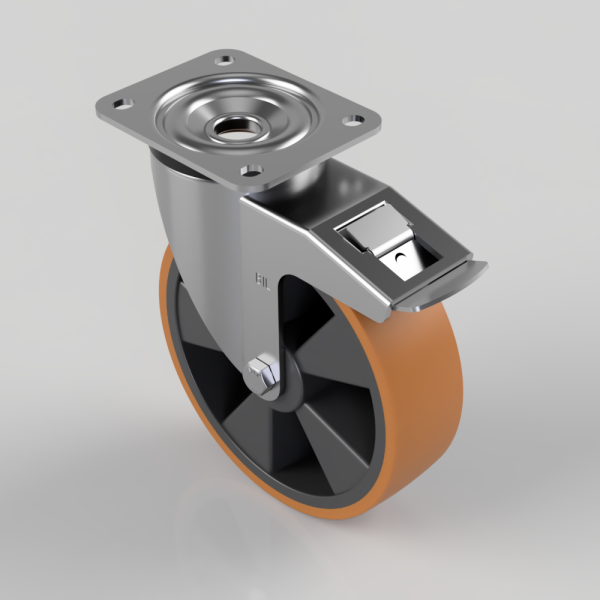 Swivel caster wheel with orange polyurethane tire and metal mounting plate with brake lever.