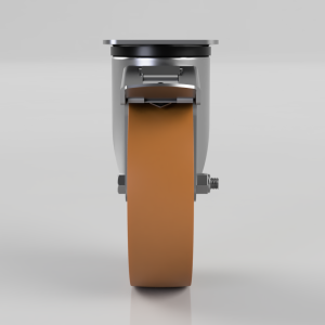 Industrial swivel caster wheel with orange polyurethane tire and metal housing on a gray background.