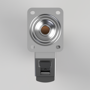 Metal push-button switch with a round concentric actuator mounted on a square gray mounting plate and a connector below.
