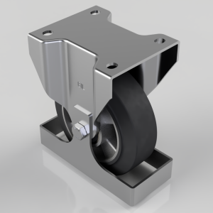 Heavy-duty metal caster wheel assembly with a black rubber wheel and mounting bracket for attachment to equipment or furniture.