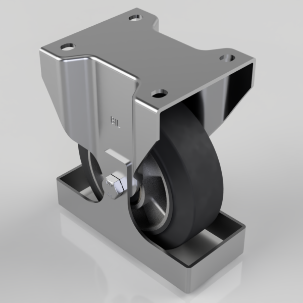 Heavy-duty metal caster wheel assembly with a black rubber wheel and mounting bracket for attachment to equipment or furniture.