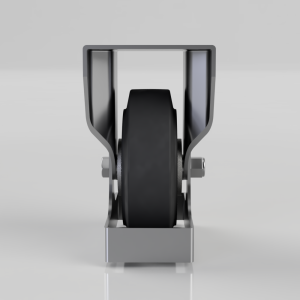 Front-facing view of a metal caster wheel assembly with a black wheel and gray housing.