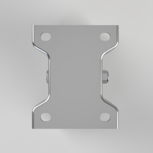 Metal mounting bracket with four rounded holes and a central bolt on the side edge, chrome-finished and symmetrical profile.
