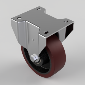Swivel caster with burgundy polyurethane wheel and four-hole metal mounting plate, shown at an angle.