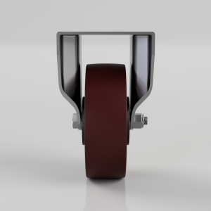 Single brown polyurethane caster wheel mounted in a metal yoke with bolts visible on each side?