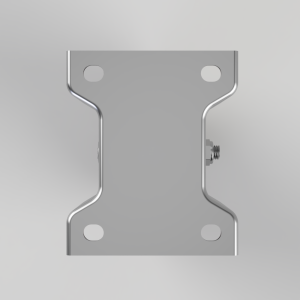 Metal mounting bracket with curved edges, four corner holes, and a side bolt visible; used for attaching components to a surface.