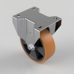 Industrial caster wheel with a metal mounting plate and orange polyurethane wheel.