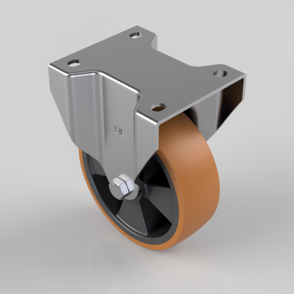 Industrial caster wheel with a metal mounting plate and orange polyurethane wheel.