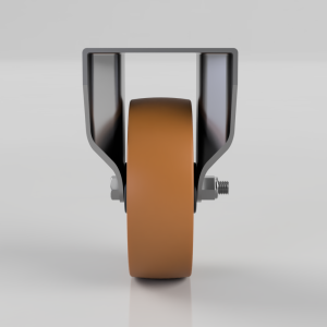 Front view of a single swivel caster wheel with tan polyurethane tire and gray metal mounting bracket.