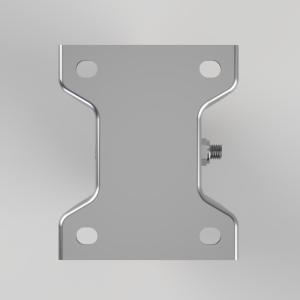 Silver metal mounting bracket with four circular holes and a central bolt protruding from the right edge, used for attaching components.