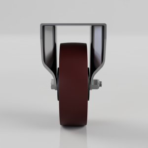 Front view of a heavy-duty caster wheel with brown rubber tire and gray metal frame for furniture or equipment.