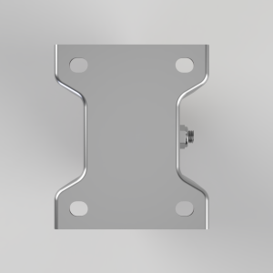 Silver metal mounting bracket with four round screw holes and a side threaded bolt, viewed from the front
