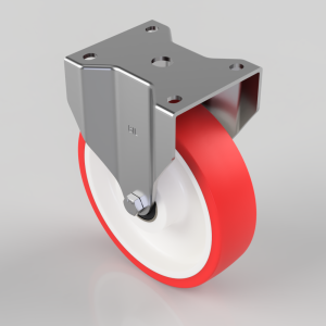 Metal caster wheel with red polyurethane tire and a multi-hole mounting plate, shown from the side.