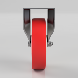Front view of a red polyurethane caster wheel with a metal mounting yoke and axle bolts