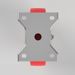Top-down view of a gray skateboard truck baseplate with four mounting holes and red wheels peeking at the ends.