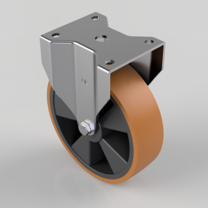 Caster wheel with orange polyurethane tire mounted on a metal swivel plate for furniture or equipment mobility.