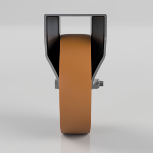 Orange polyurethane wheel mounted in a metal caster yoke with a bolt and nut, shown front view