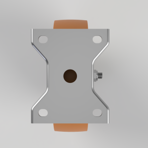 Top‑view of a symmetrical metal mounting plate with four small circular cutouts and an orange wheel at each end; a threaded bolt protrudes from the right side and a central hole is visible.