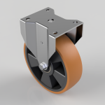 Industrial caster wheel with orange polyurethane tire and steel mounting plate featuring four holes for attachment (swivel caster).