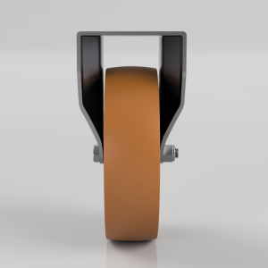 Front view of a large orange wheel in a black metal caster bracket with bolts.
