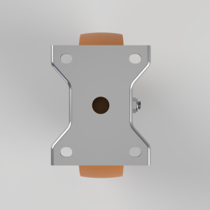Top view of a silver skateboard truck with orange wheels, showing the mounting plate and central hole for the kingpin.