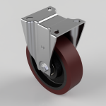 Swivel caster with metal mounting bracket and a burgundy polyurethane wheel on a black core, viewed from above-right.