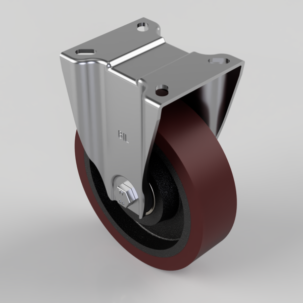 Swivel caster with metal mounting bracket and a burgundy polyurethane wheel on a black core, viewed from above-right.