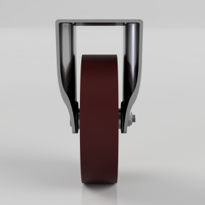 Front view of a single dark red rubber wheel mounted in a metal bracket (wheel assembly).