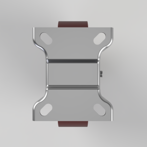 Symmetrical metal mounting bracket with rounded flanges and two brown rollers, viewed head-on.