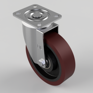 Swivel caster wheel with square mounting plate and burgundy polyurethane wheel
